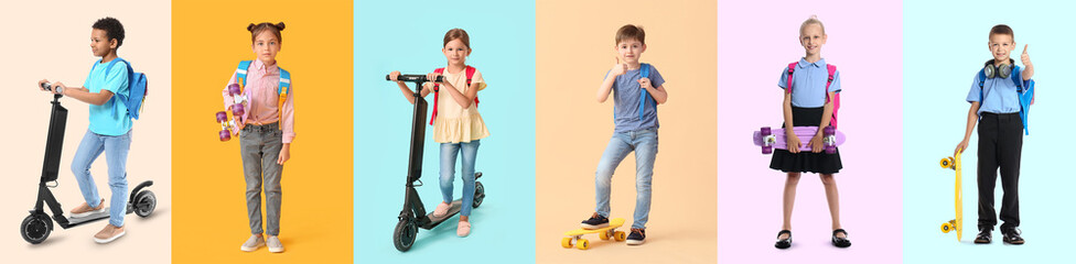 Collage of funny little school children with skateboards and kick scooters on color background © Pixel-Shot