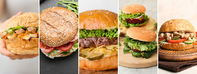 Collage with different tasty burgers