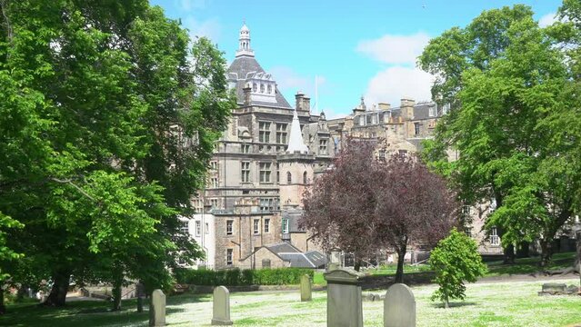 Aerial view of a graveyard in Edinburgh, Scotland, UK