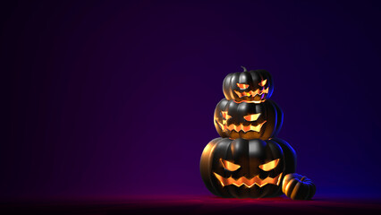 Black Halloween pumpkin on dark background. Trick or treat celebration. 3D render.