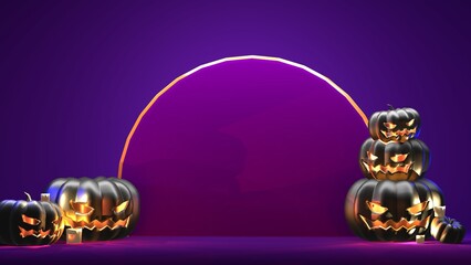 Black Halloween pumpkin on dark background. Trick or treat celebration. 3D render.