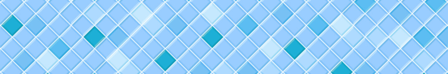 Fototapeta na wymiar Blue square tile diagonal seamless pattern. Interior or exterior decoration mosaic surface. Swimming pool floor background. Bathroom or toilet ceramic wall texture. Vector flat illustration