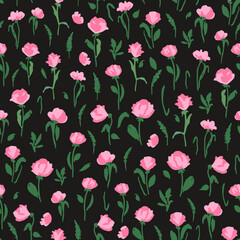 Hand drawn florals with leaves seamless repeat pattern. Wild flower plants all over surface print on black background.