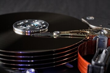 Close up details of computer hard disc drive platters mechanism.