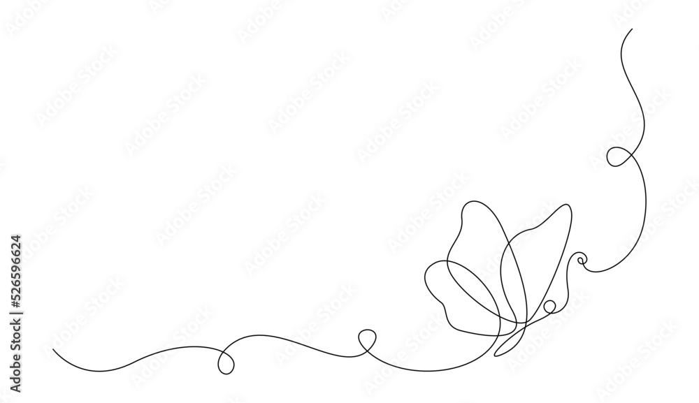 Wall mural Butterfly in One continuous line drawing. Beautiful flying moth for wellbeing beauty or spa salon logo and divider concept in simple linear style. Editable stroke. Doodle vector illustration.