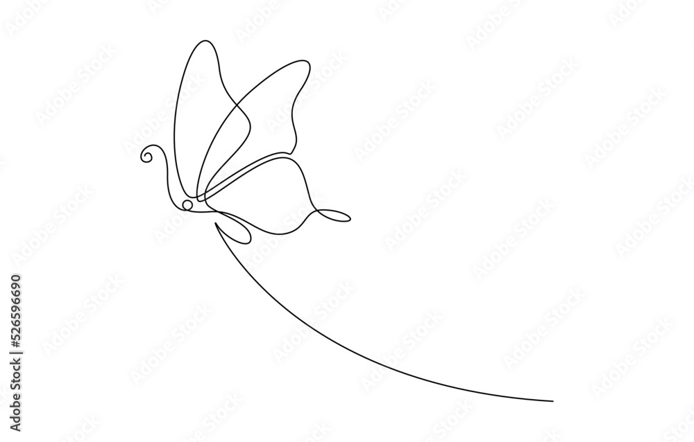 Poster butterfly in one continuous line drawing. beautiful flying moth for wellbeing beauty or spa salon lo