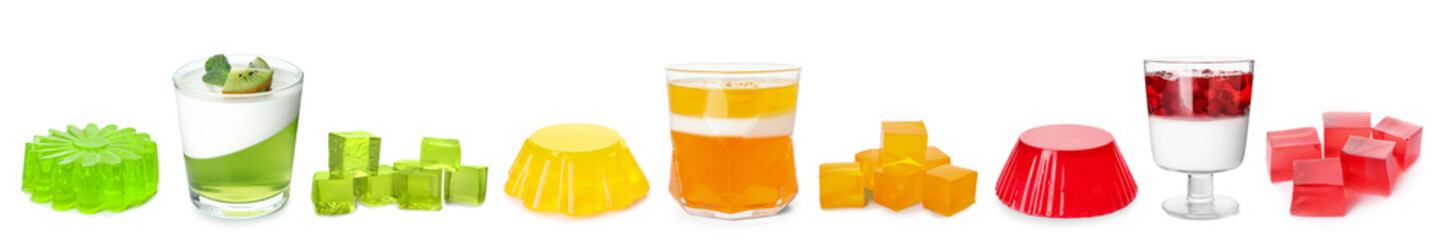 Set of sweet jelly desserts isolated on white