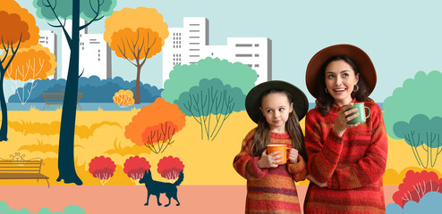 Obraz na płótnie Canvas Woman and her little daughter in warm sweaters and with tasty cacao drink in drawn autumn park