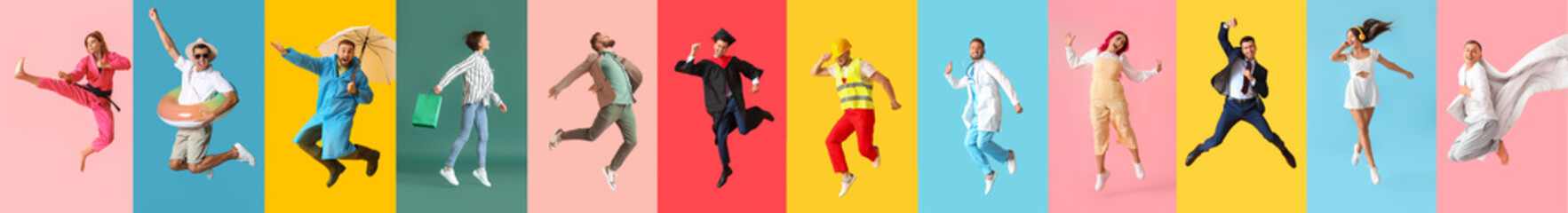 Collage van springende jonge mensen op gekleurde achtergrond