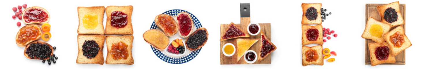 Collage of crunchy toasted bread with delicious jams on white background