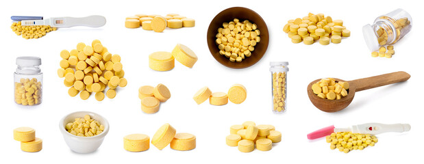 Set of folic acid pills isolated on white