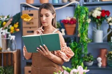 Young beautiful hispanic woman florist reading book with serious expression at flower shop