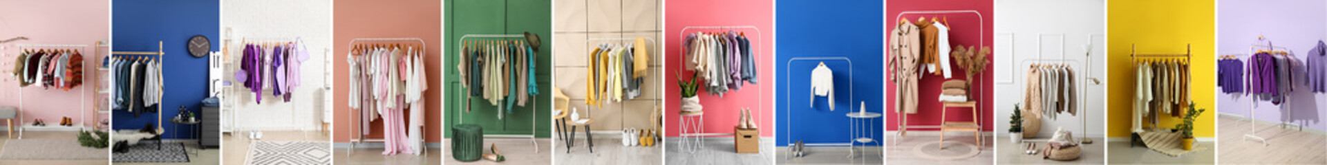 Collage of hangers with autumn clothes and accessories in interiors of dressing room