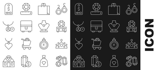 Set line Gem stone, King crown, Shopping bag jewelry, Jewelry box, Locket necklace, Price tag with dollar and Necklace mannequin icon. Vector