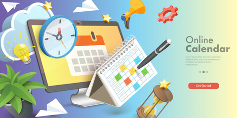 3D Vector Conceptual Illustration of Online Calendar, Digital Appointment Scheduling