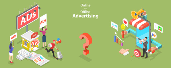 3D Isometric Flat Vector Conceptual Illustration of Online Vs Offline Advertising, Inbound Versus Outbound Marketing