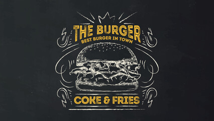 Retro Hamburger on Chalkboard Vector Illustration - obrazy, fototapety, plakaty