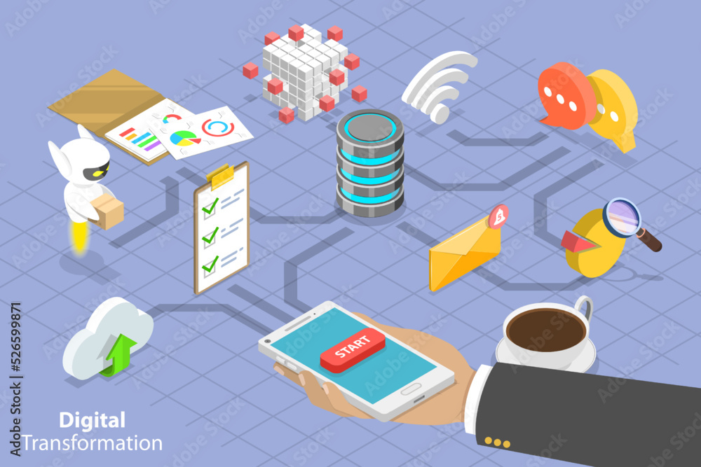 Poster 3d isometric flat vector conceptual illustration of digital transformation, automation and cloud com