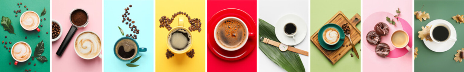 Collage with many cups of coffee on colorful background, top view