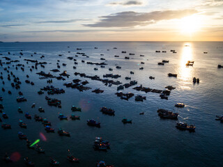 Beautiful top view of fisher boats at sunset in vietnam