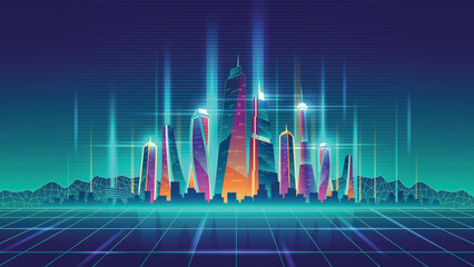 Futuristic Glowing City Vector Illustration