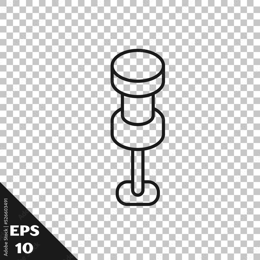 Poster black line push pin icon isolated on transparent background. thumbtacks sign. vector