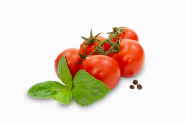 Cherry tomatoes with basil isolated on a white background.