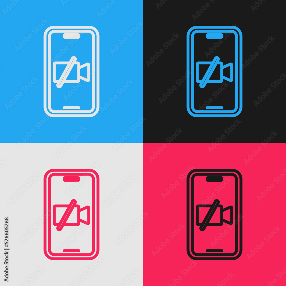 Sticker Pop art line Video camera Off on mobile screen icon isolated on color background. No video. Vector