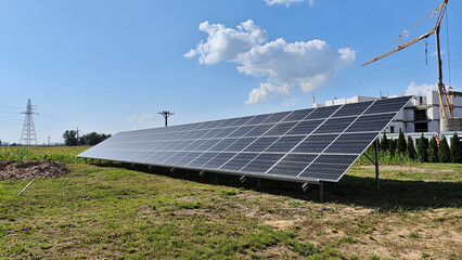 Solar panels on the ground structure. Solar farm. Electricity production from the sun.