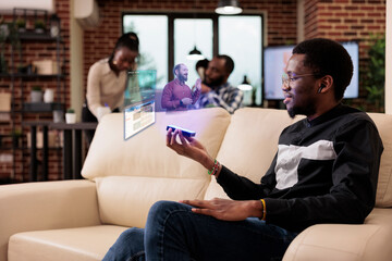 Metaverse concept of african american freelancer talking with hologram co worker in augmented reality artificial office space. Chatting on holographic image remote conversation in business.