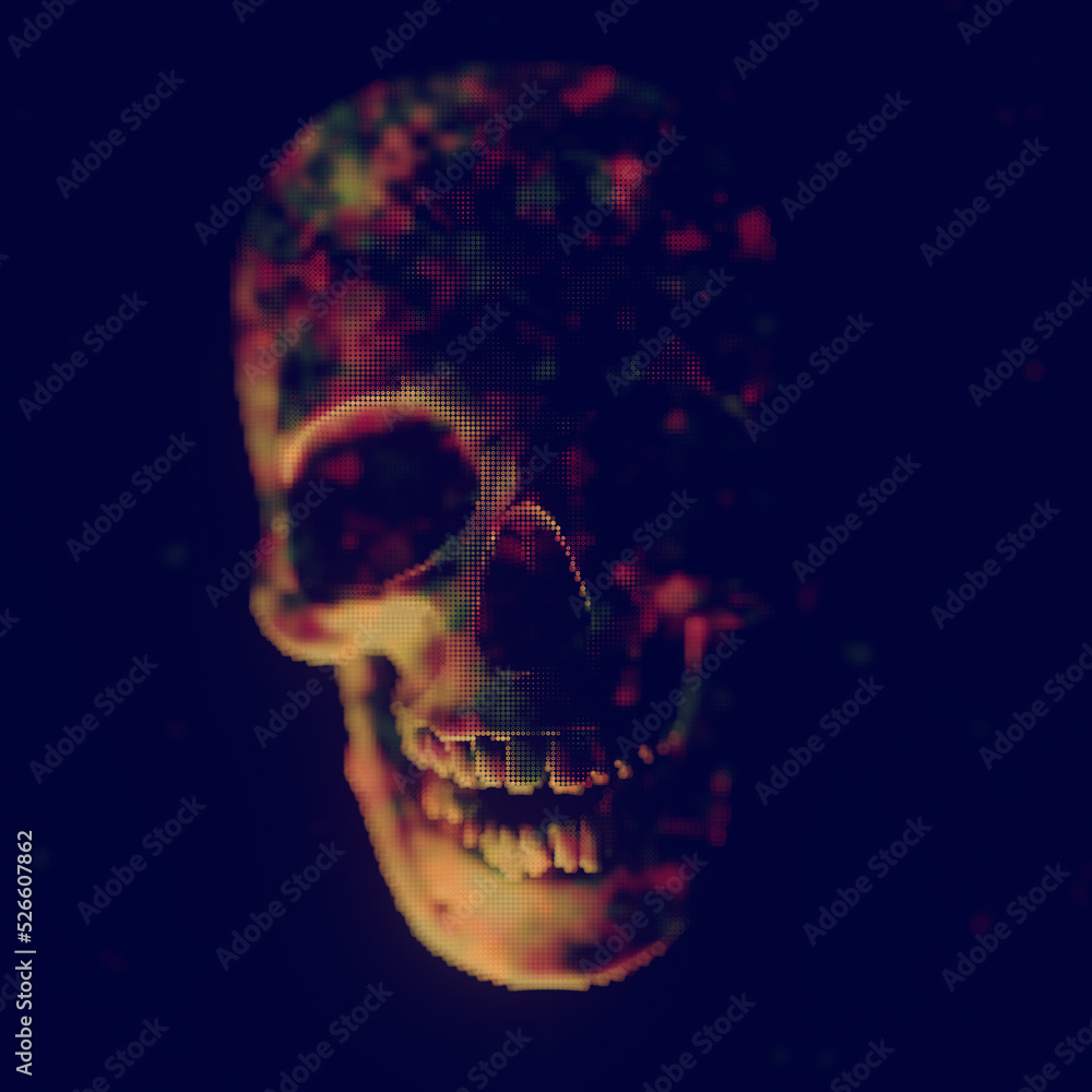 Poster 3d rendering digital illustration of the pattern of glowing colorful dots in the shape of the skull