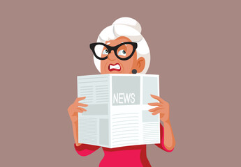 Stressed Elderly Woman Reading a Newspaper Vector Cartoon Illustration. Elderly person checking an important article panicking living in fear
 - obrazy, fototapety, plakaty