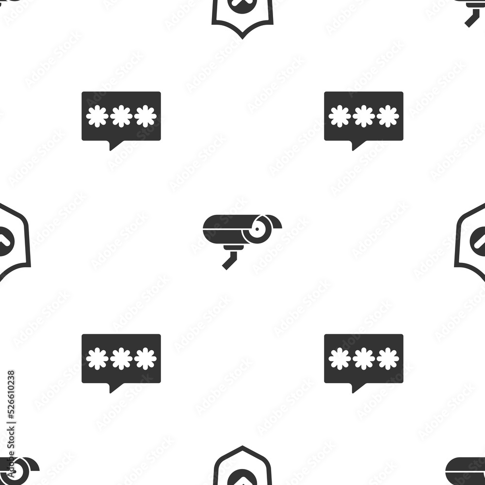 Poster set shield with check mark, security camera and password protection on seamless pattern. vector