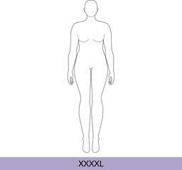 XXXXL Women Fashion template 9 nine head size Croquis over plus size with main lines Lady model Curvy body figure front view. Vector outline girl for Design, Illustration, technical drawing