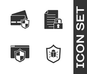 Set System bug, Credit card with shield, Browser and Document and lock icon. Vector