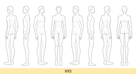 Set of XXS size Men Fashion template 9 nine head extra small Croquis Gentlemen with main lines model skinny body figure front, side, 3-4, back view. Vector sketch boy for Design, technical drawing