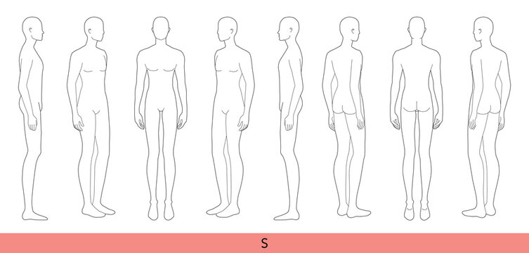 Set of S size Men Fashion template 9 nine head small Croquis Gentlemen model skinny body figure front side, 3-4 back view. Vector outline sketch boy for Fashion Design, Illustration, technical drawing