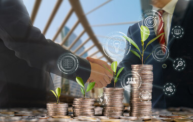 Business handshake for success deal with growth plant over step coin and info graph, business...