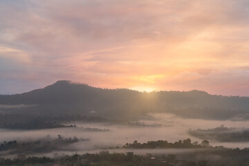 sunrise on the fog city, the mist of city, view from top of moutain. The sun, the fog, rays through the houses and the pines