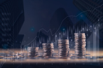 Naklejka premium Business Financial and Saving Money concept.Money coin stack for growing with piggy bank,income growing in the future,Business Finance, Earning, benefits, Capital,Save Money, fund,bond,Market growth