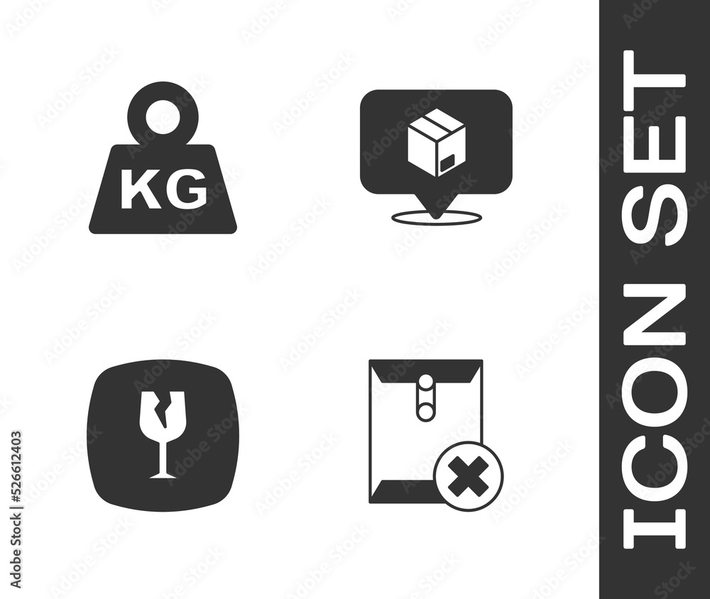 Poster set delete envelope, weight, fragile broken glass and location with cardboard box icon. vector