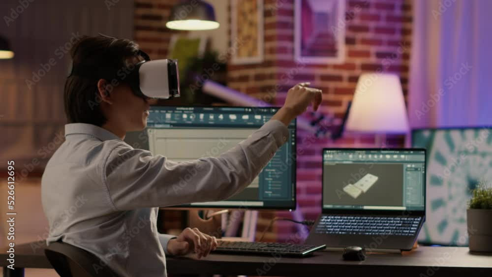 Poster asian technician using vr glasses and industrial software to create advanced manufactory product on 