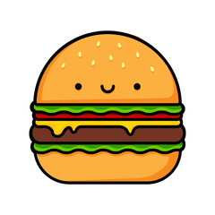 Cartoon image of a cute smiling burger. Food illustration. Vector illustration