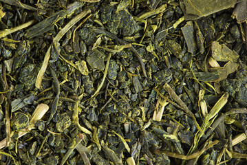 Japanese green tea leaves, high magnification macro. Sencha green tea. 