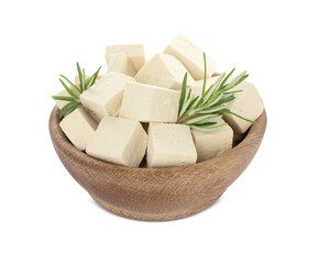 Wooden bowl with delicious tofu and rosemary isolated on white