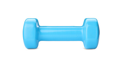 Light blue dumbbell isolated on white. Weight training equipment