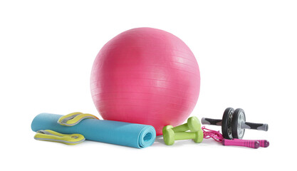 Set of different sports equipment on white background