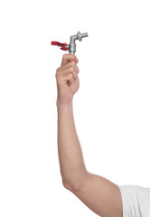 Male plumber holding water valve on white background, closeup