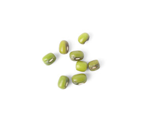 Green mung beans on white background, top view. Organic grains
