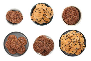 Fototapeta na wymiar Set with delicious chocolate chip cookies on white background, top view